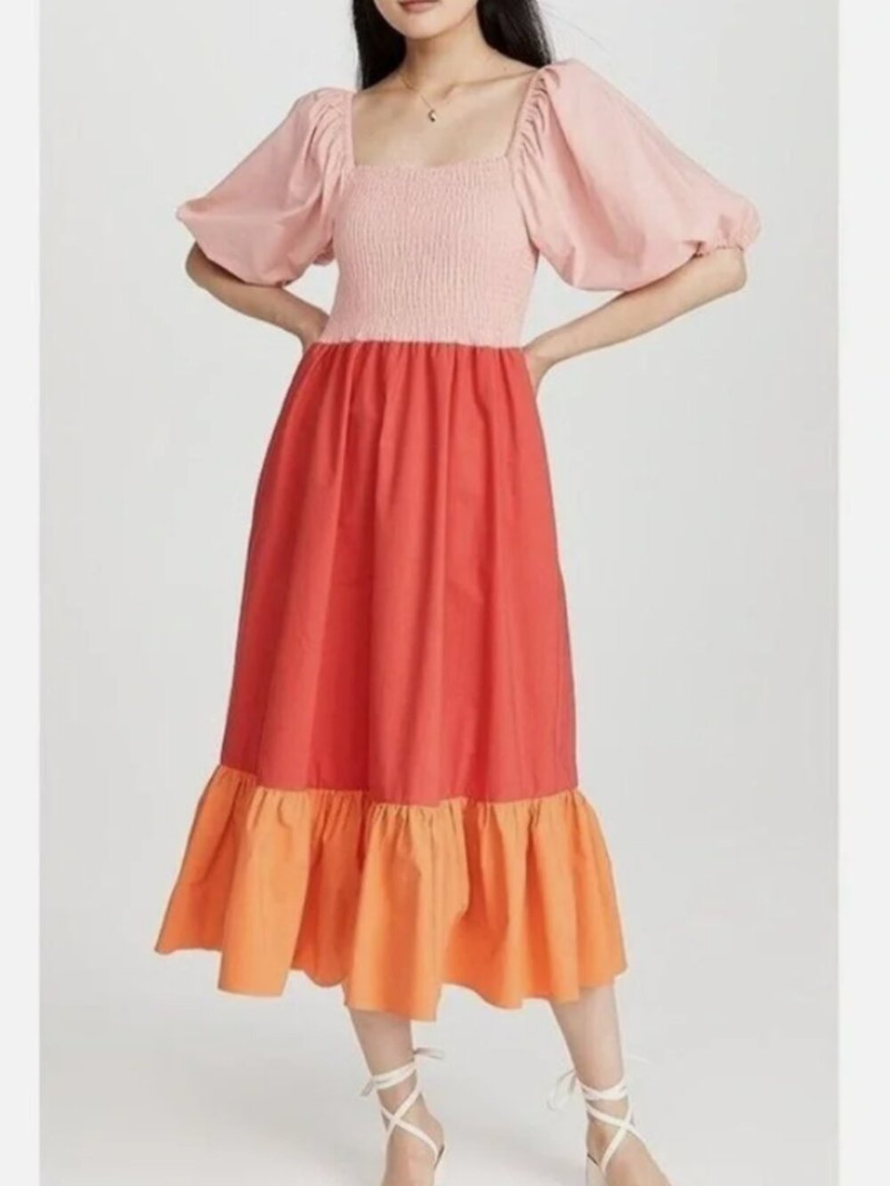Rhode Eloise Puff Sleeve Colorblocked Midi Dressin Pink, Red & Orange